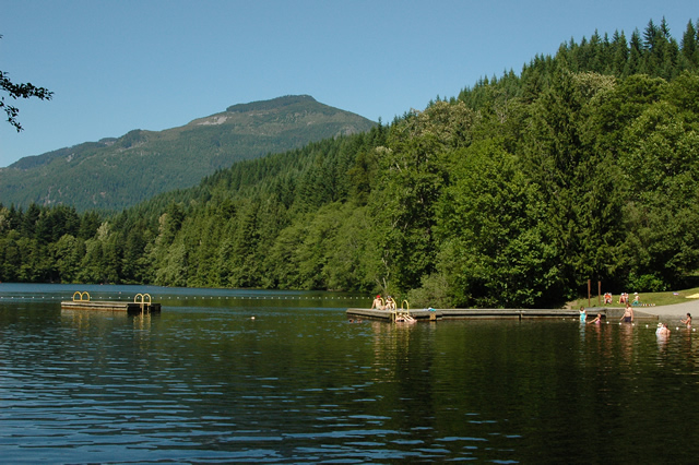 A view of a dock from a distance, several people dot the beach and deck.