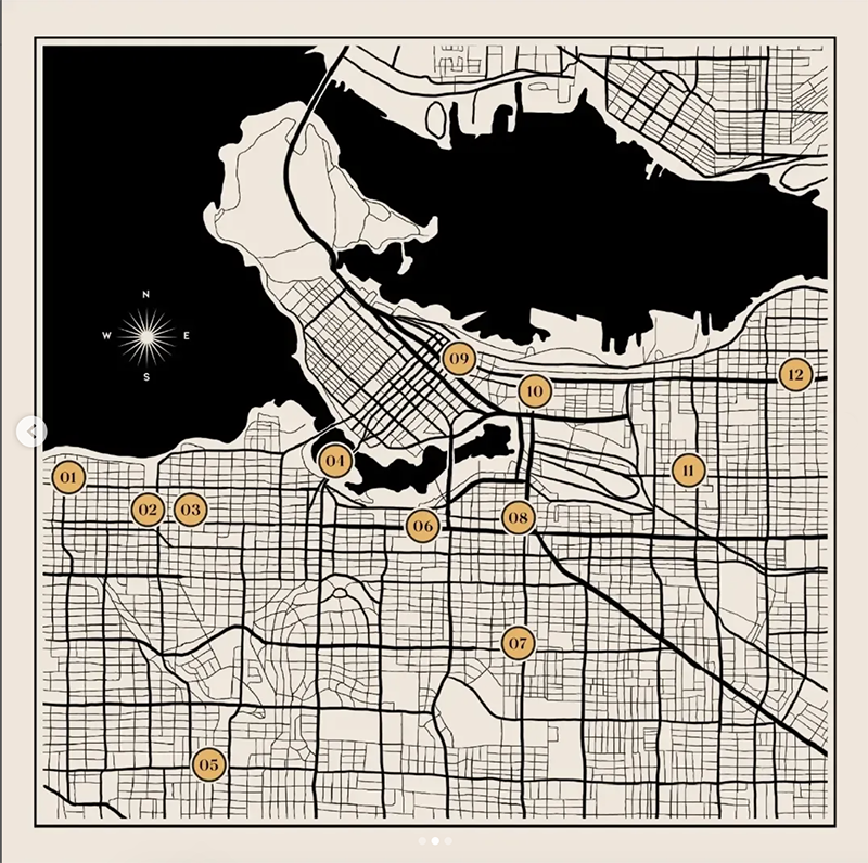 A cream and black map of book shops in Vancouver.