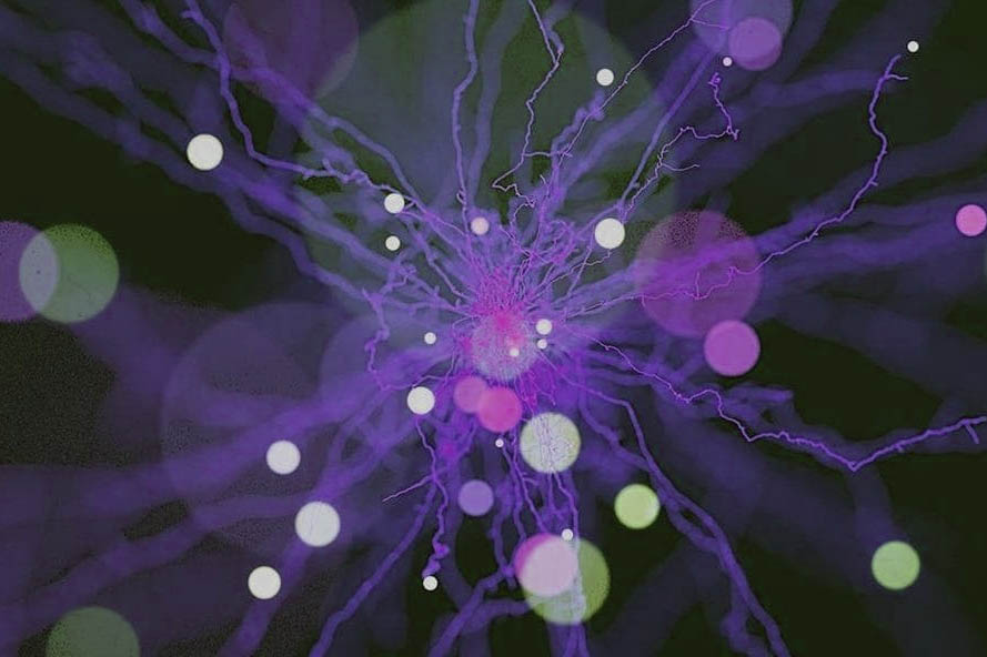 Graphic of purple and green dots on various sizes. With strings of electricity moving from the center to outward.