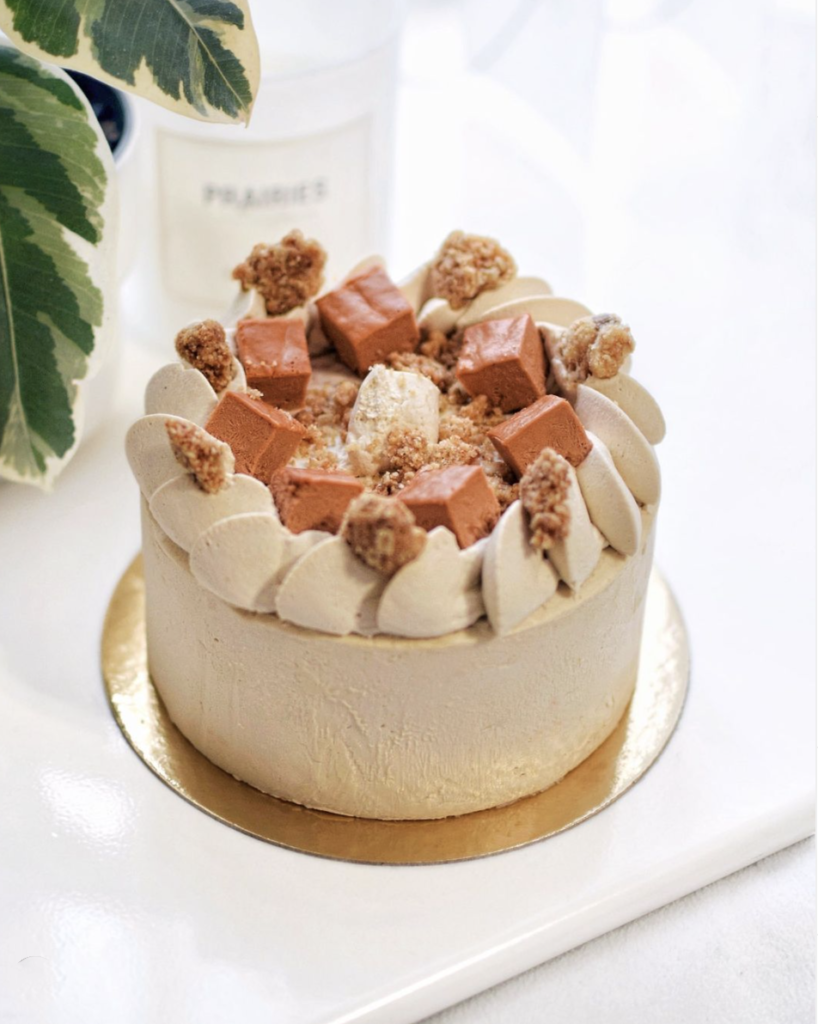 An off white one layer cake with chocolate chunks and frosting on the top.