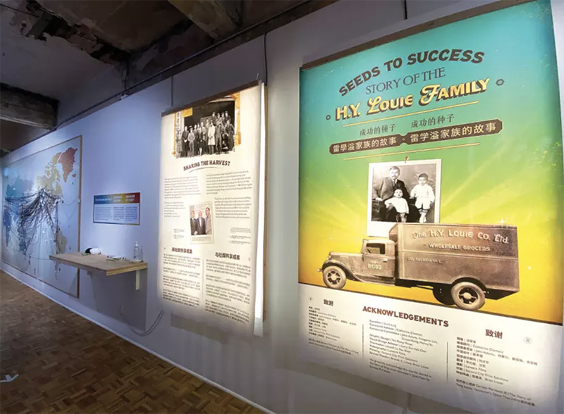 A side photo of a wall with backlite posters about Asian Heritage Mont.
