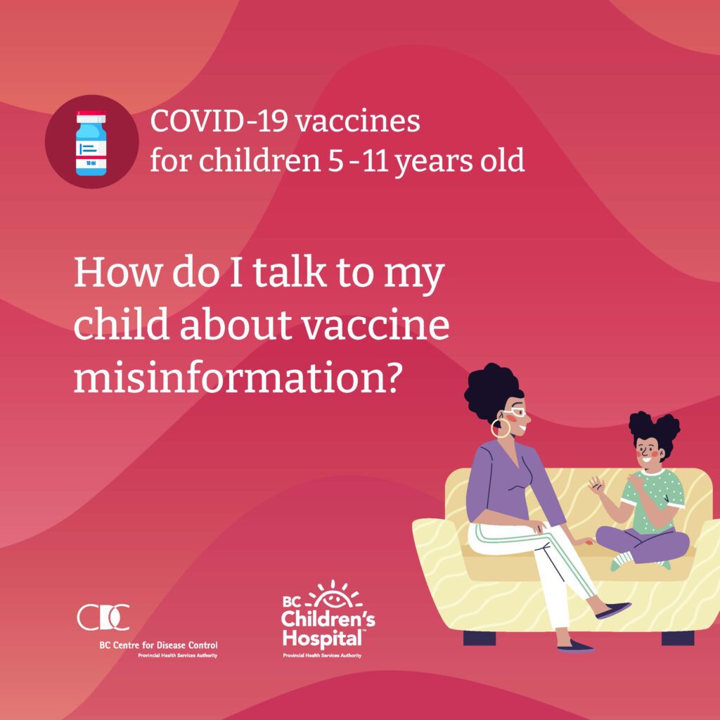 An add for COVID-19 vaccine and kids in Vancouver. Set to a red background with white letters.