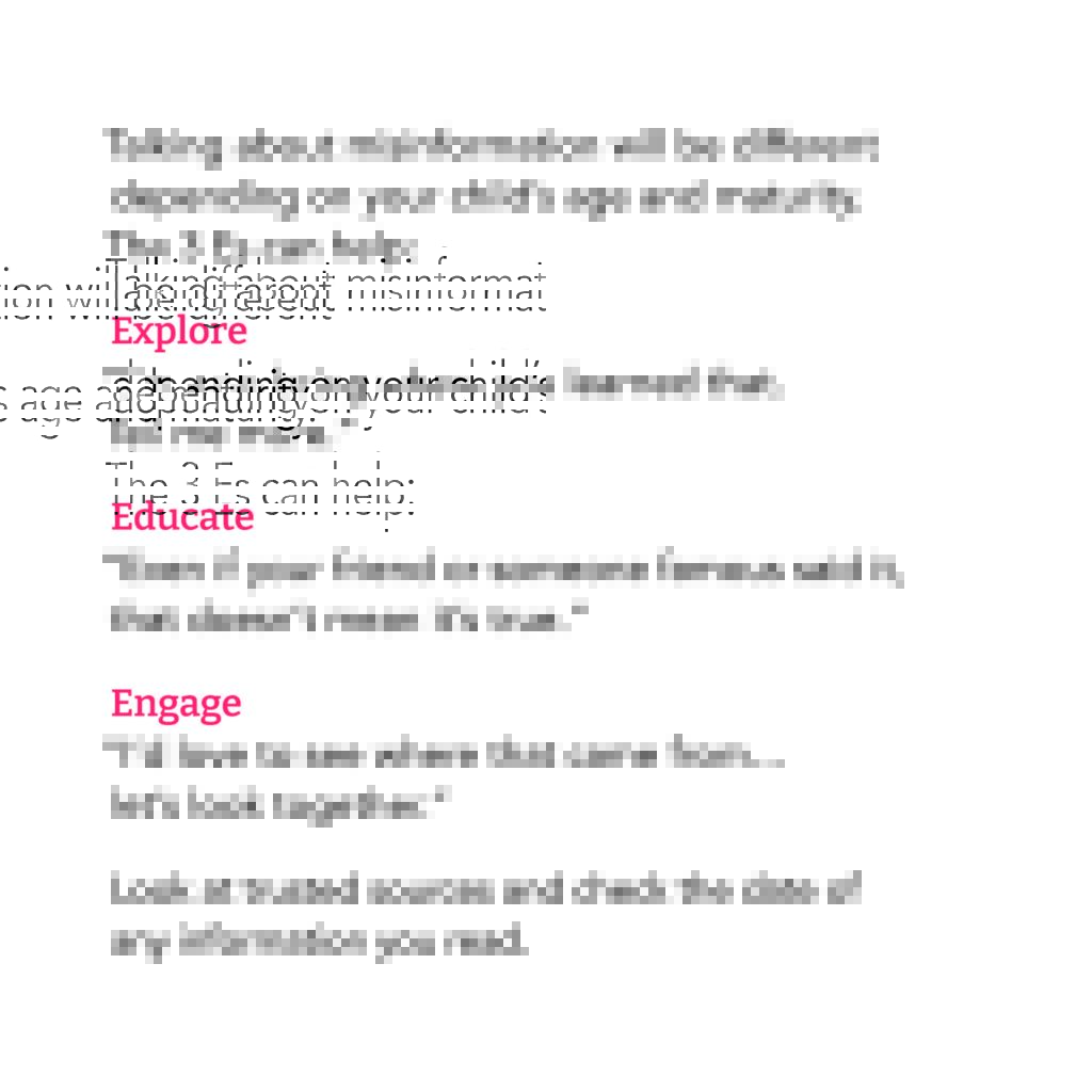 A photo of text explaining the three E's for vaccines help COVID-19 vaccine and kids.