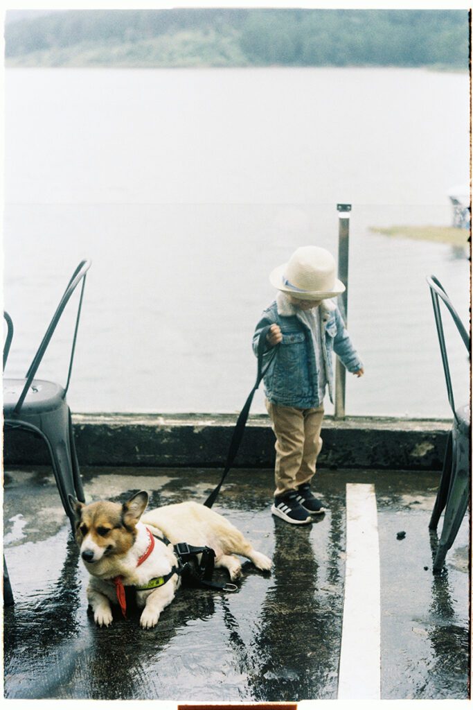 S little boy stands on a ferry deck in the rain with a leashed puppy.