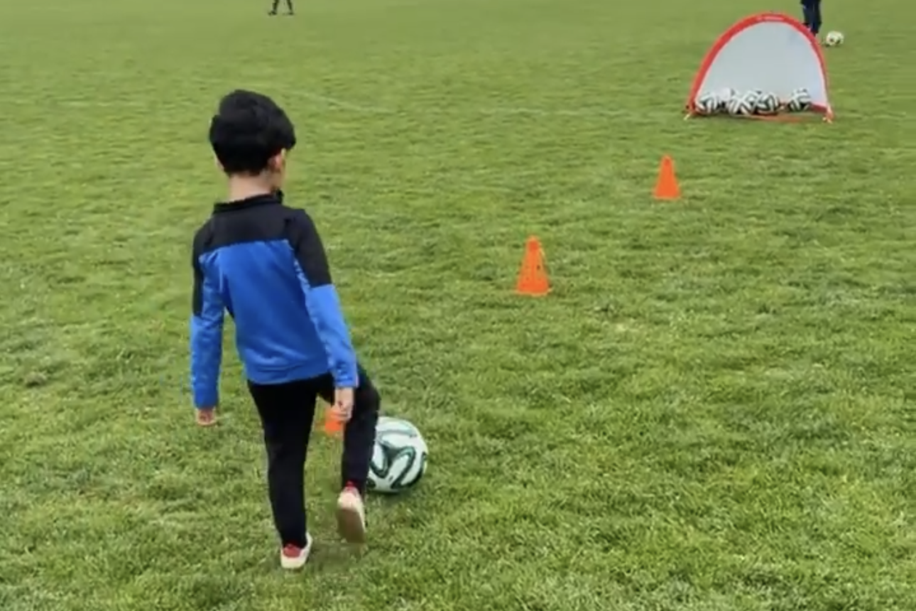 A little in blue and black boy kicks a soccer ball on green grass with his back to us.
