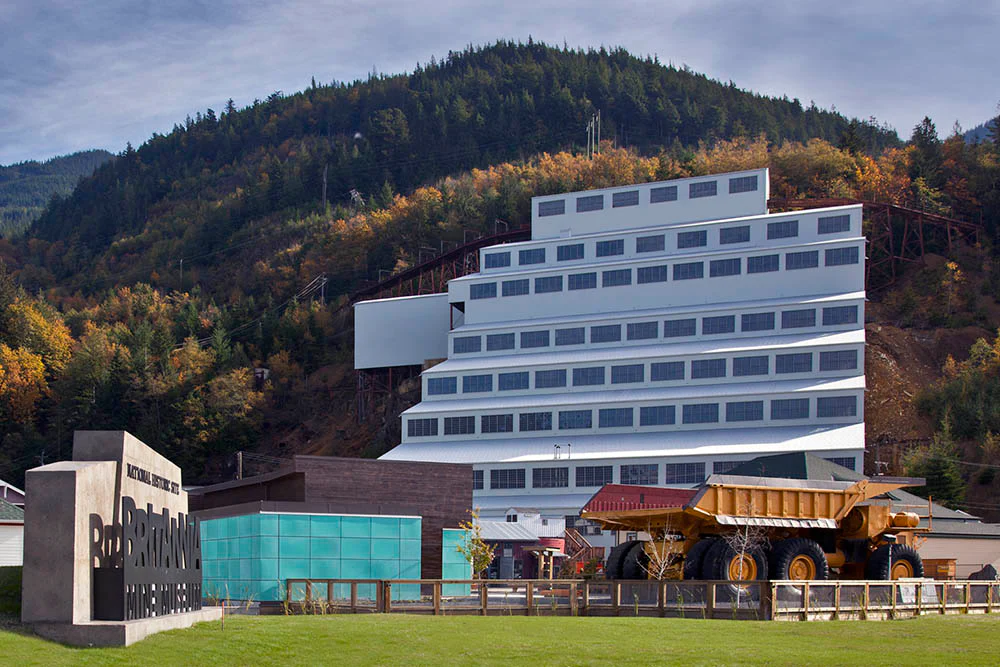 The building of Britannia Mines Museum on a sunny day and event to do for May Long Weekend