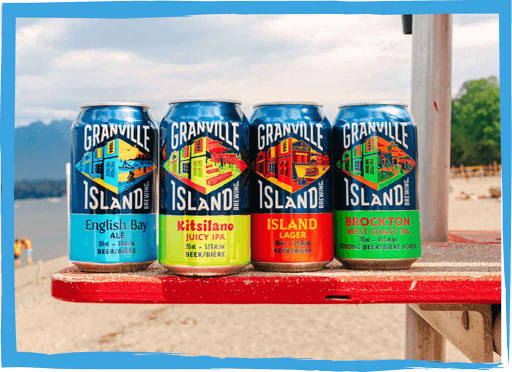 4 cans of Granville Island Brewing show casing each of Vancouver city areas.