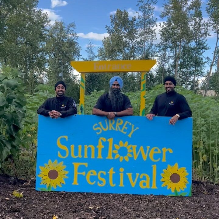 3 guys standing by the Surrey Sunflower Festival sign in the sunflower field