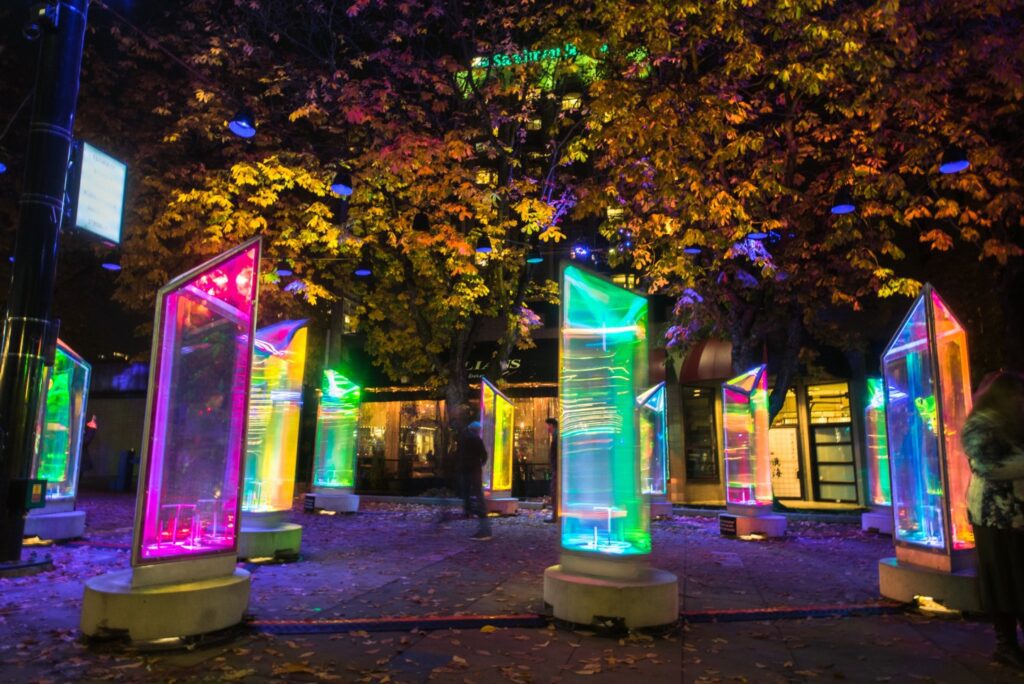 A display of lighted stands in Vancouver at the Lumière Festival