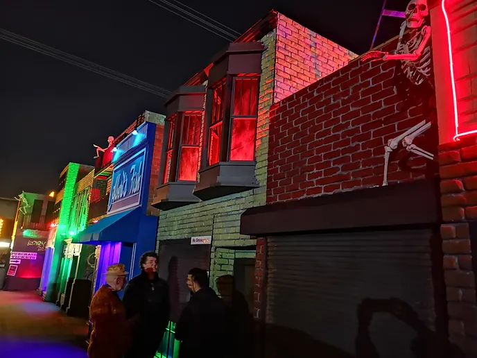 lighted buildings for a haunted house at the Cougar Creek for Halloween events