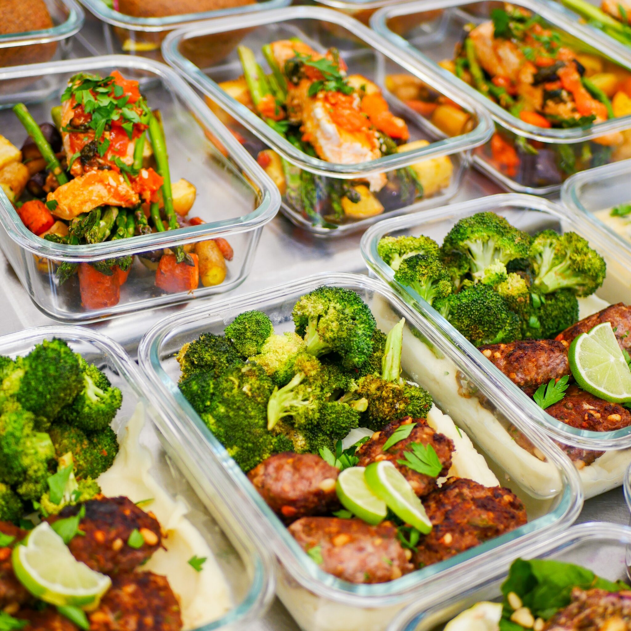 glass containers of meals with brocolli and chicken