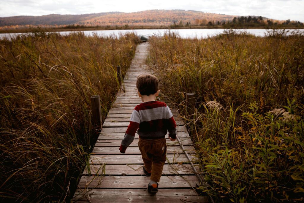 A boy walking on a dock to the lake during summer walks