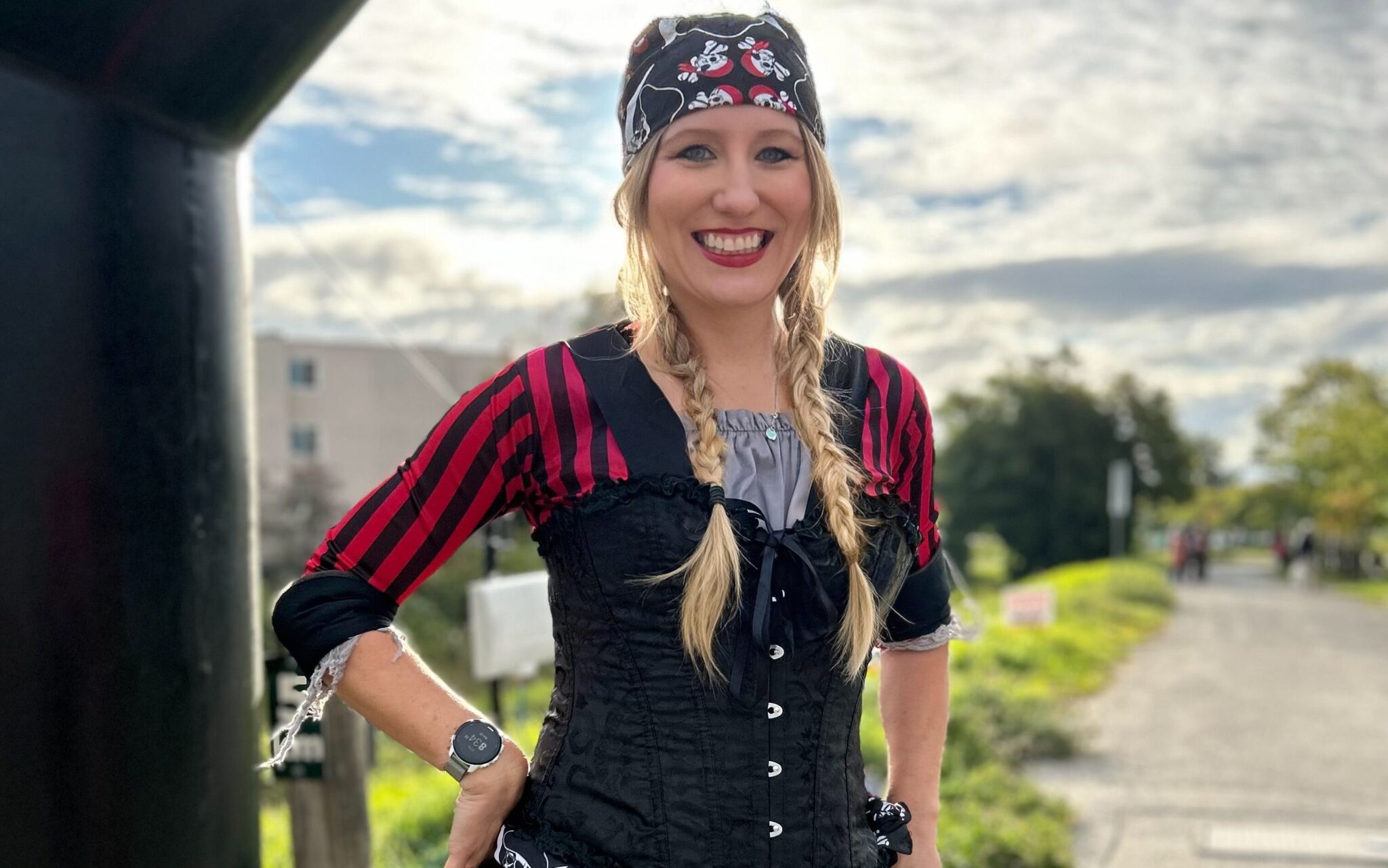 Shannon dressed up as a pirate who is a personal trainer and incorporates Play-based movement