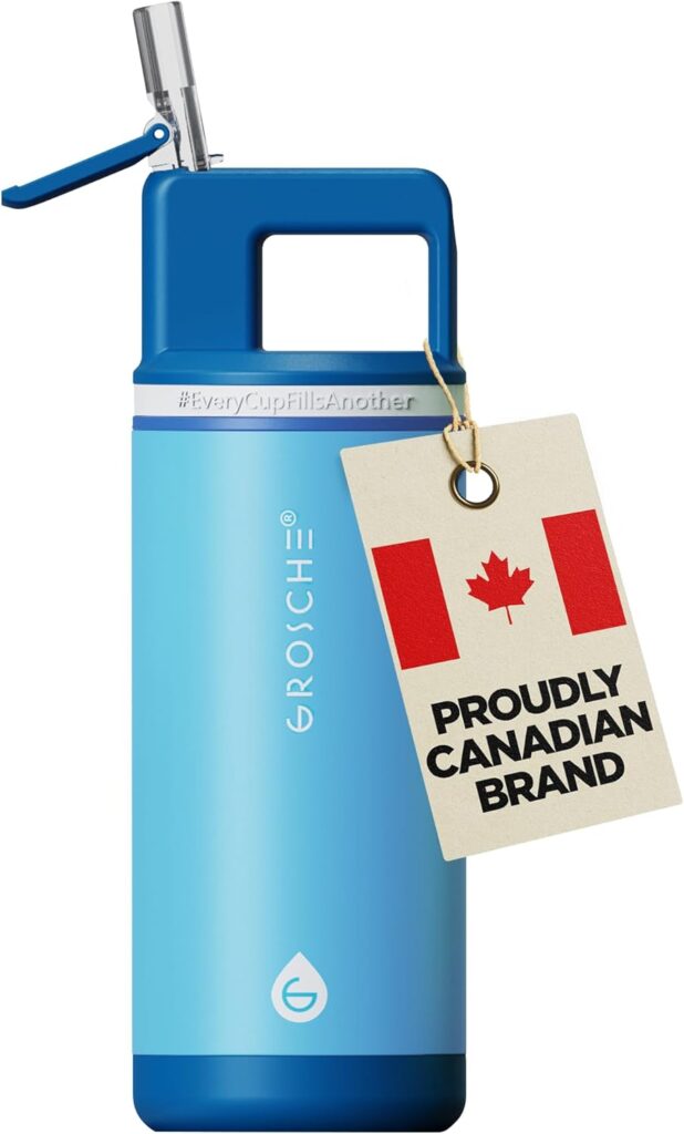 Blue insulated kids water bottle from Grosche for back to school must haves