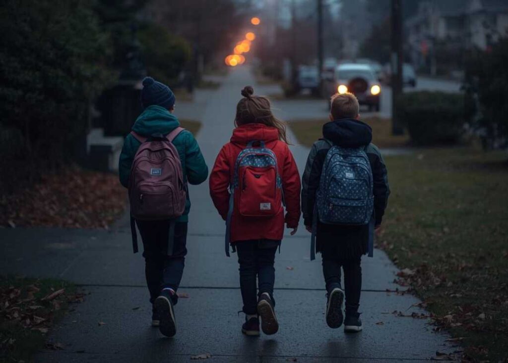 Three kids walking together in the dark because of daylight savings in the winter heading to school