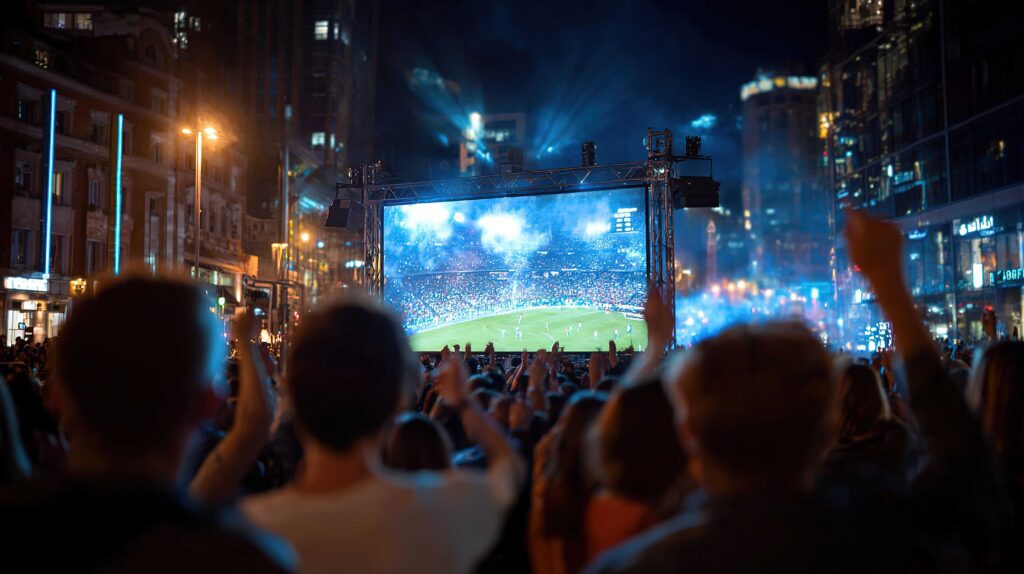 A crowd of people watching on a big for the FIFA World Cup Fan Zones Surrey